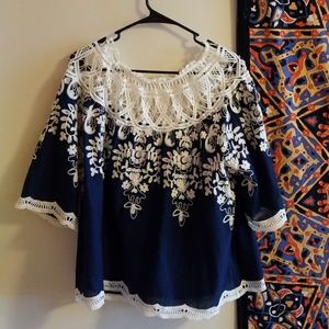 Navy and White Lace Women's Blouse